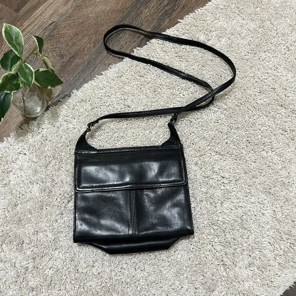 Vintage Fossil Black Leather Double Sided Crossbody Shoulder Bag Purse